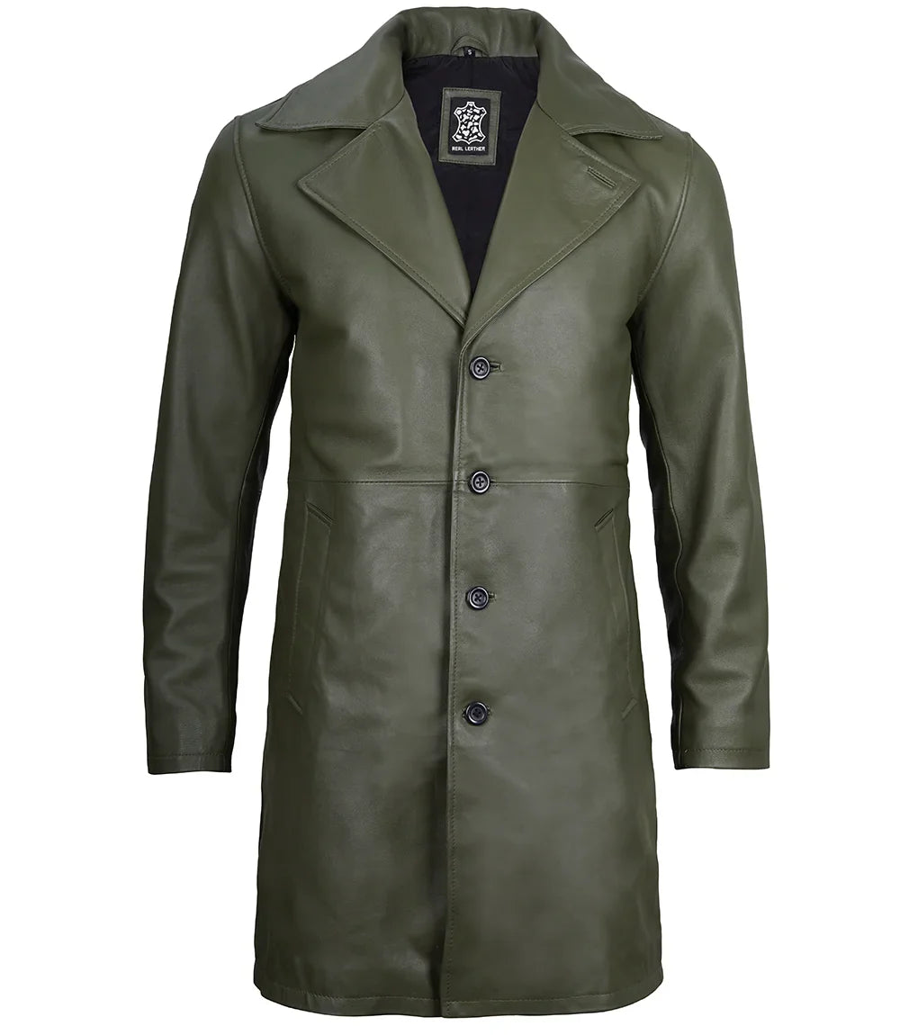 Bryson Military Green Leather Car Coat - Image 4