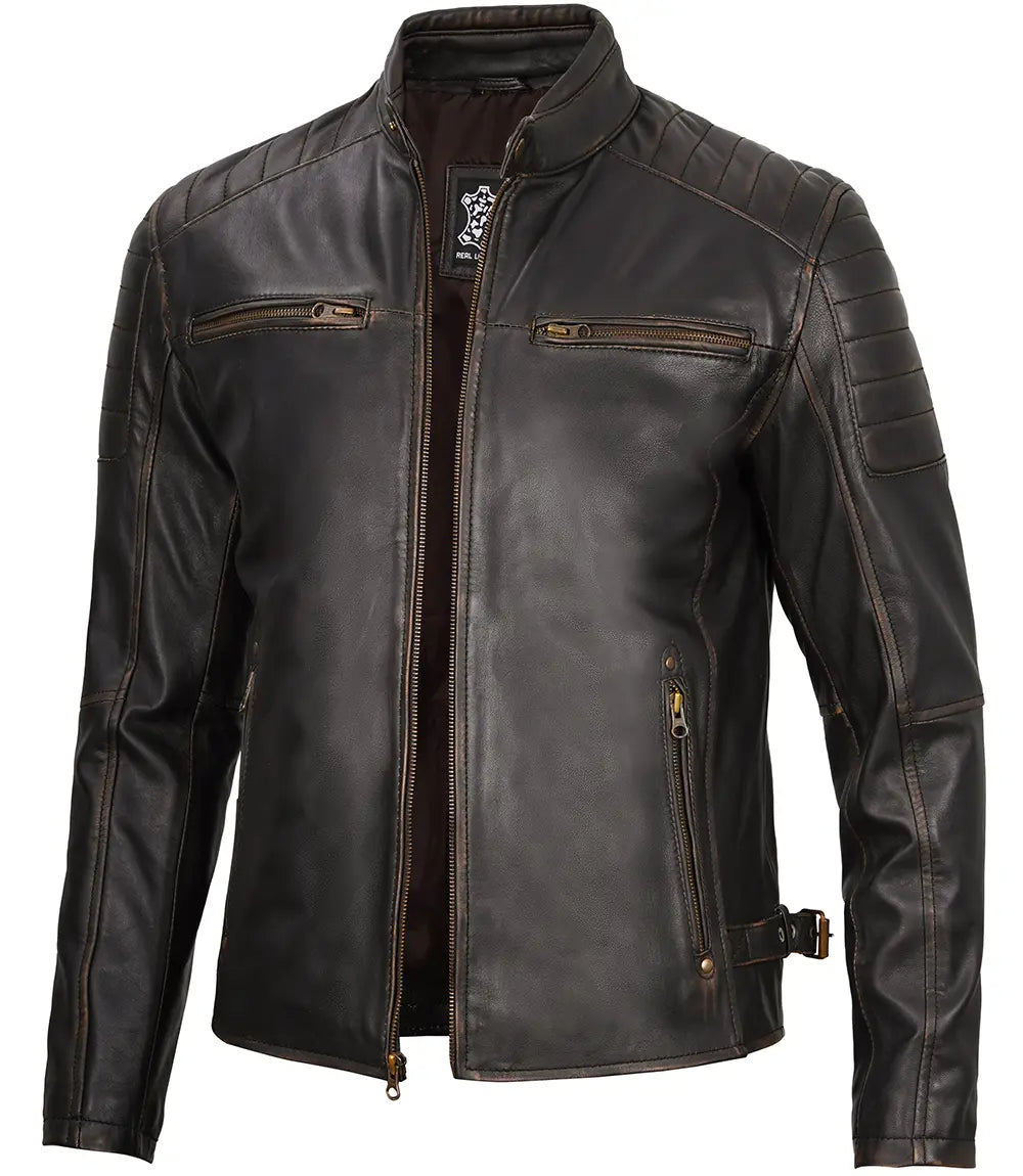 Felix Dark Brown Rub Off Cafe Racer Leather Jacket