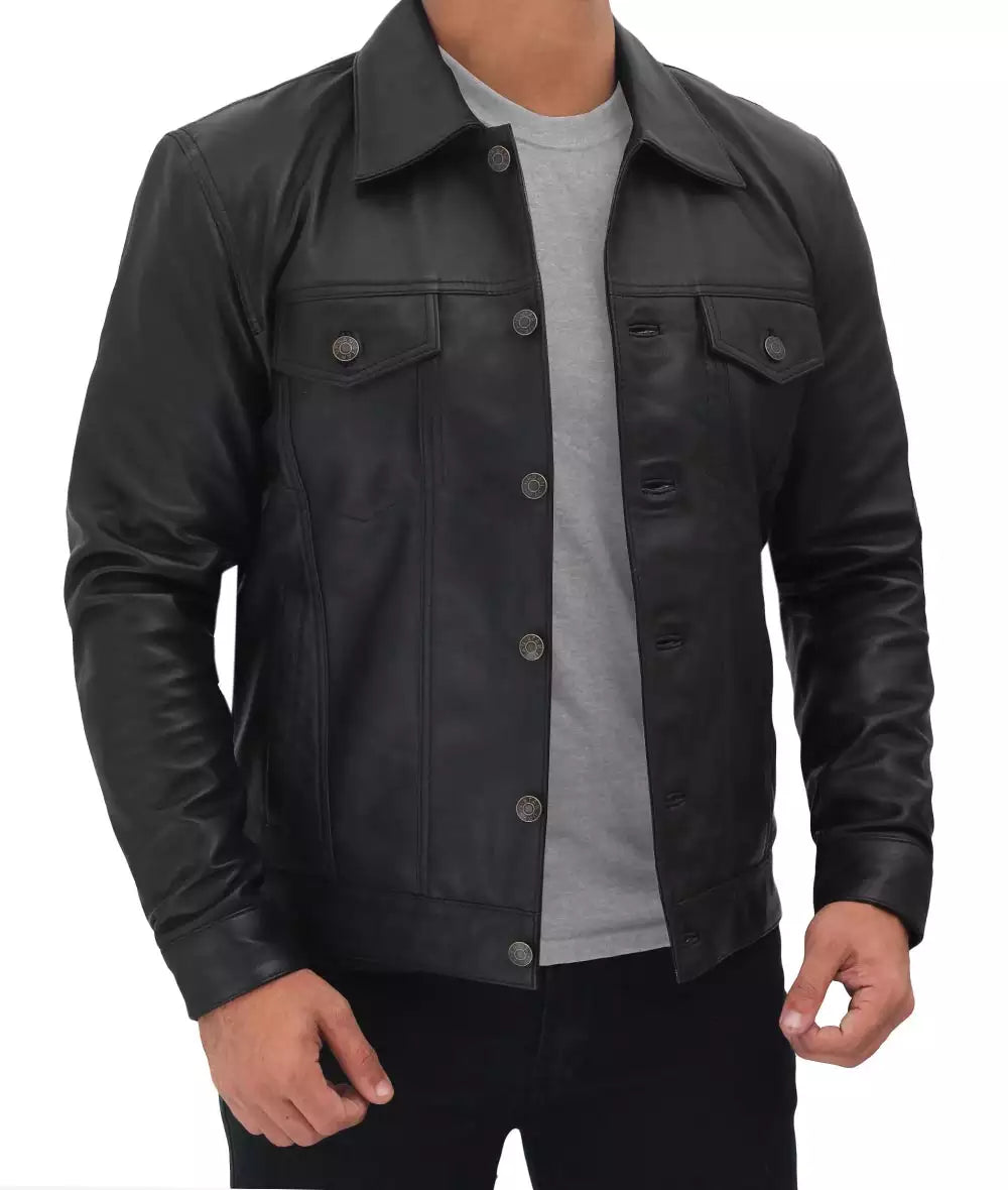 Fernando Mens Black Leather Trucker Jacket - Image 9