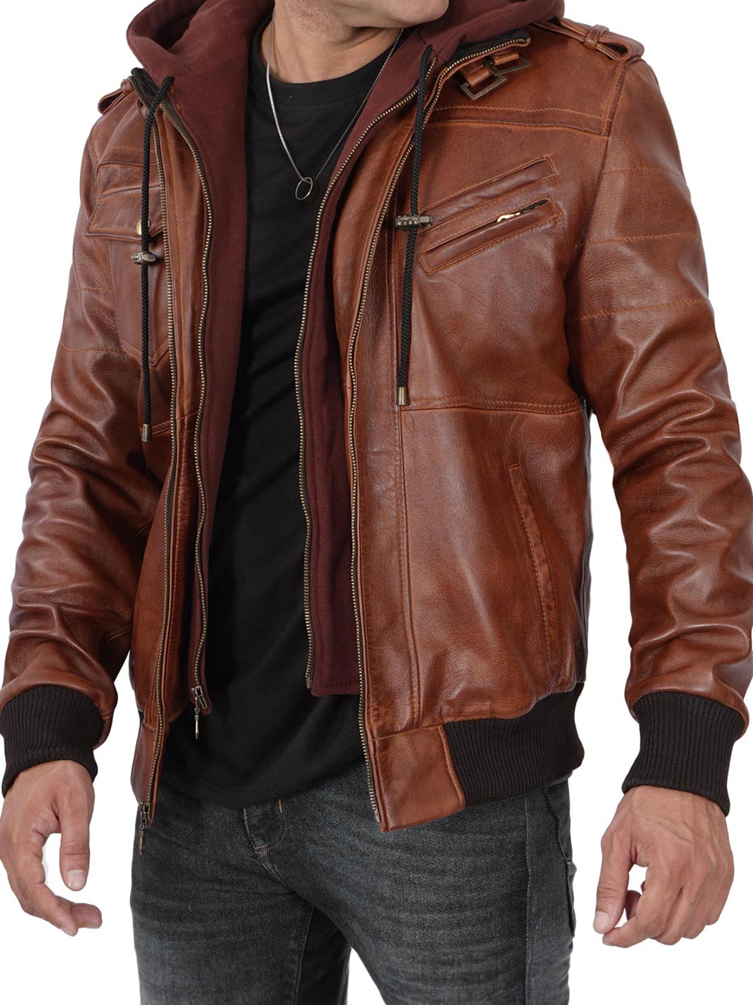 Edinburgh Mens Bomber Brown Leather Jacket With Removable Hooded