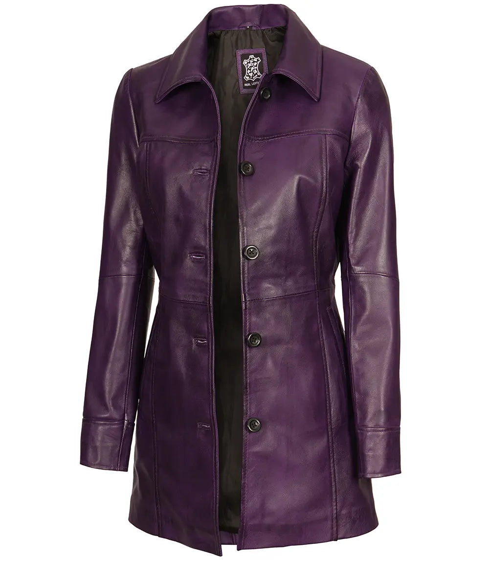 Kandis Women's Leather Purple 3/4 Length Car Coat