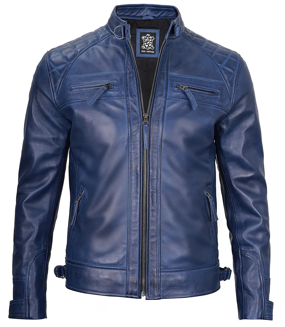 Diamond Blue Wax Cafe Racer Leather Jacket - Image 4