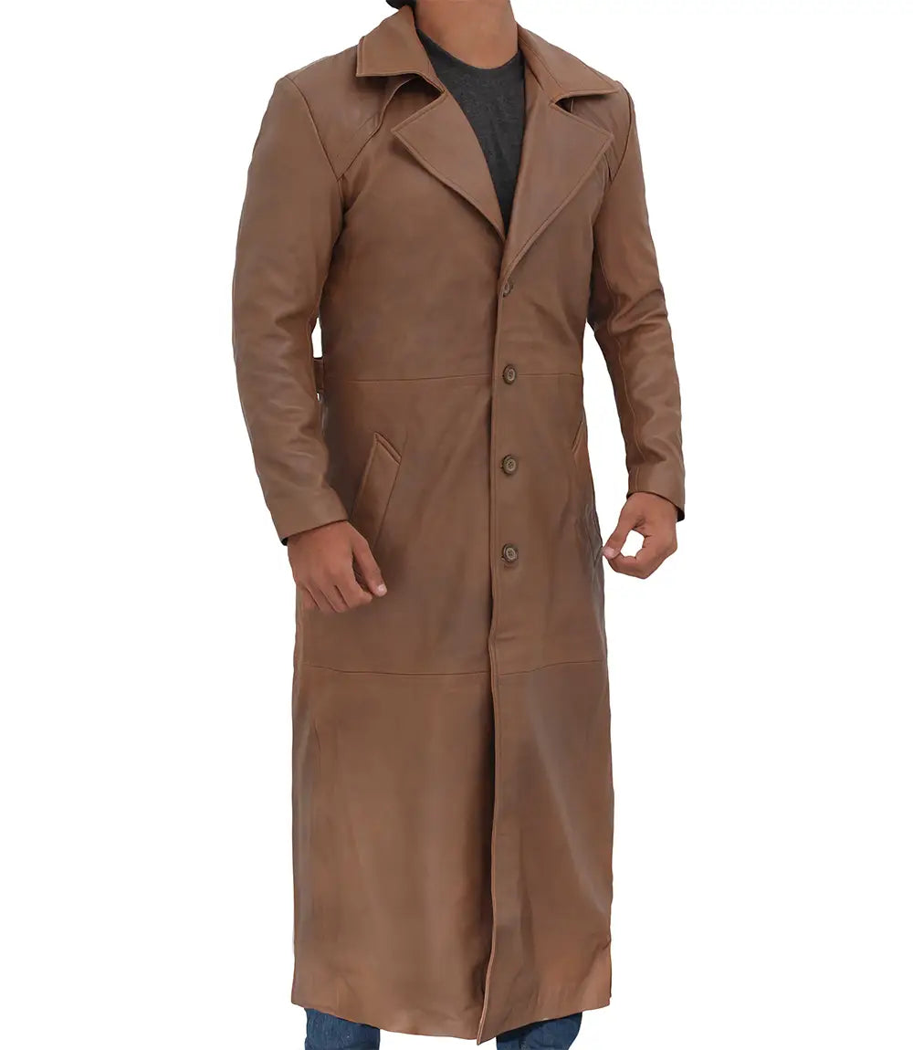Jackson Men's Distressed Brown Leather Long Trench Coat - Image 3