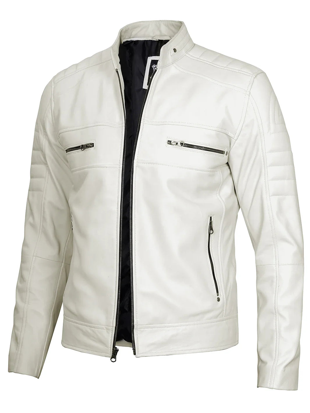 Mens Off White Cafe Racer Leather Jacket