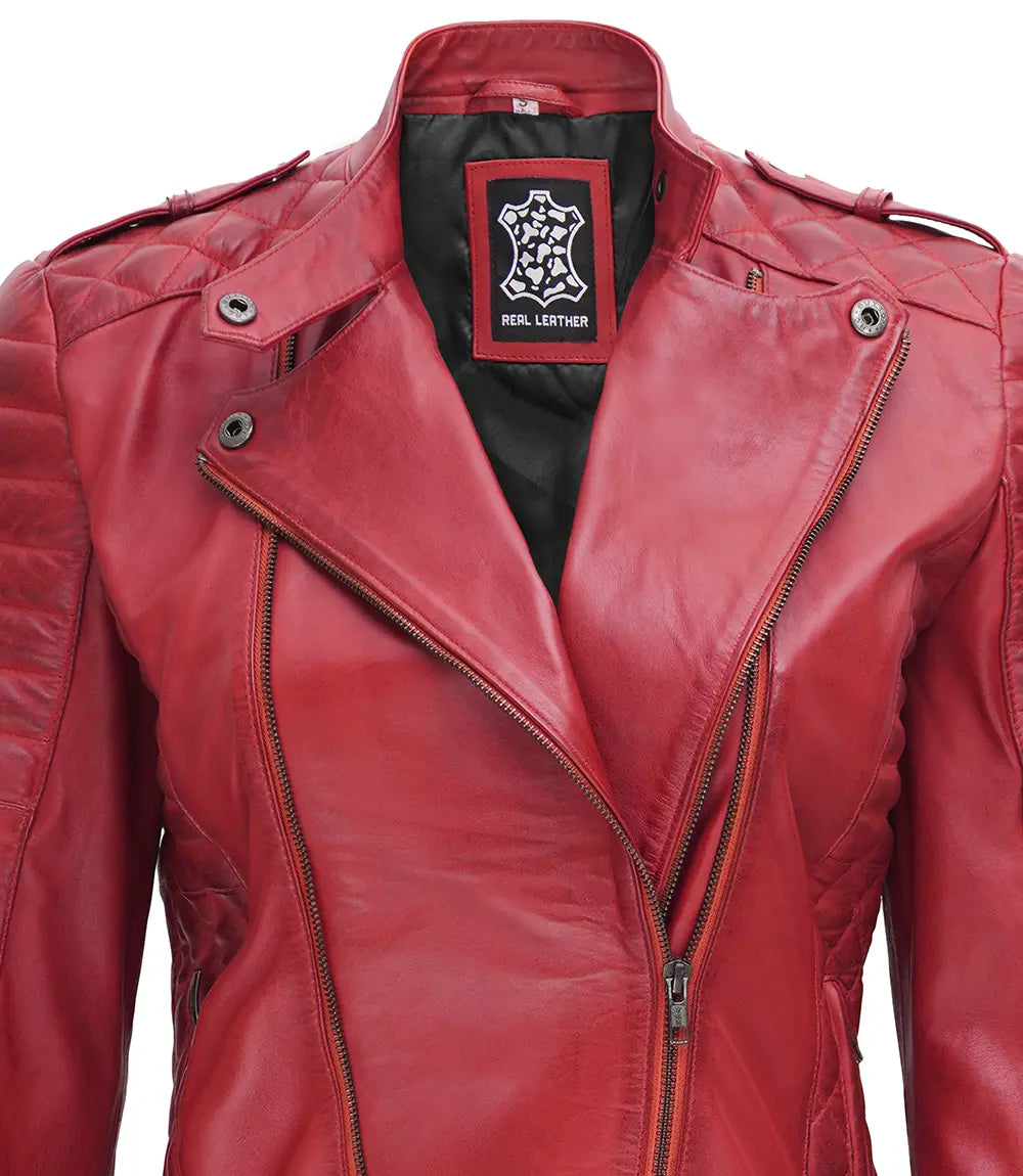 Jennie Womens Asymmetrical Maroon Biker Leather Jacket - Image 4