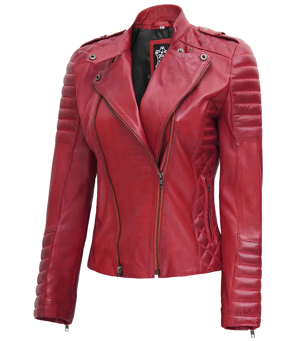 Jennie Womens Asymmetrical Maroon Biker Leather Jacket