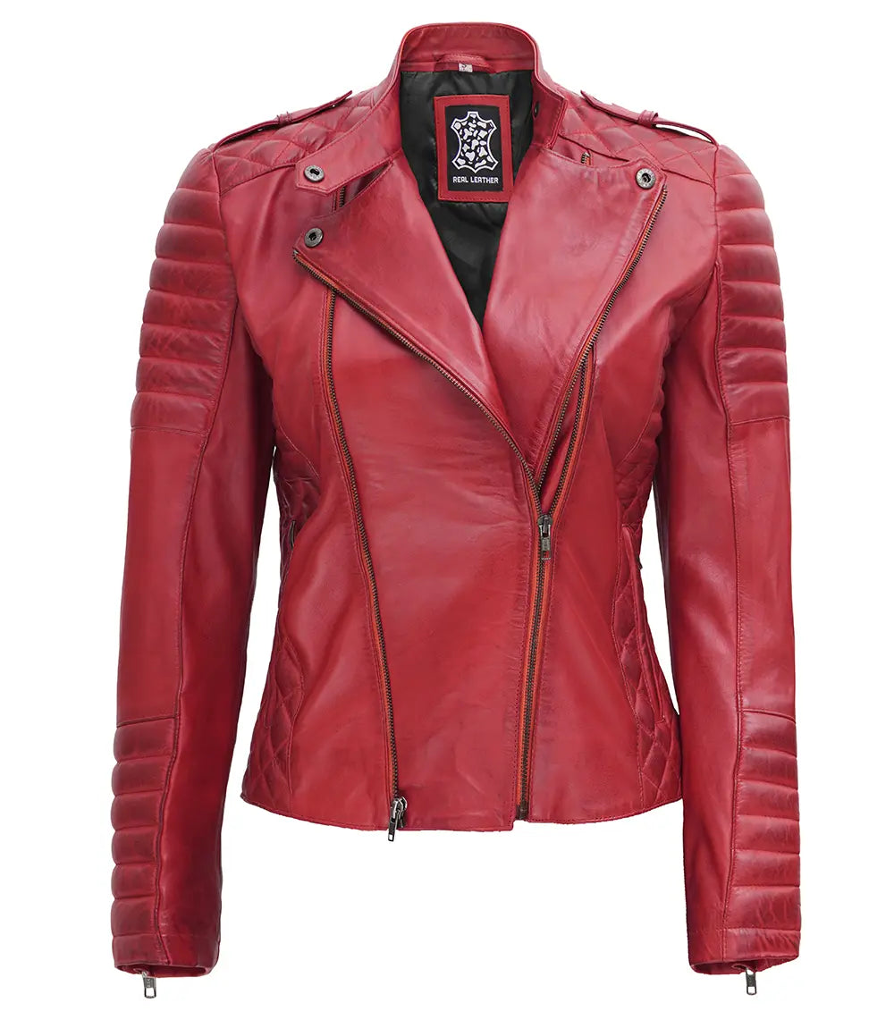 Jennie Womens Asymmetrical Maroon Biker Leather Jacket - Image 3