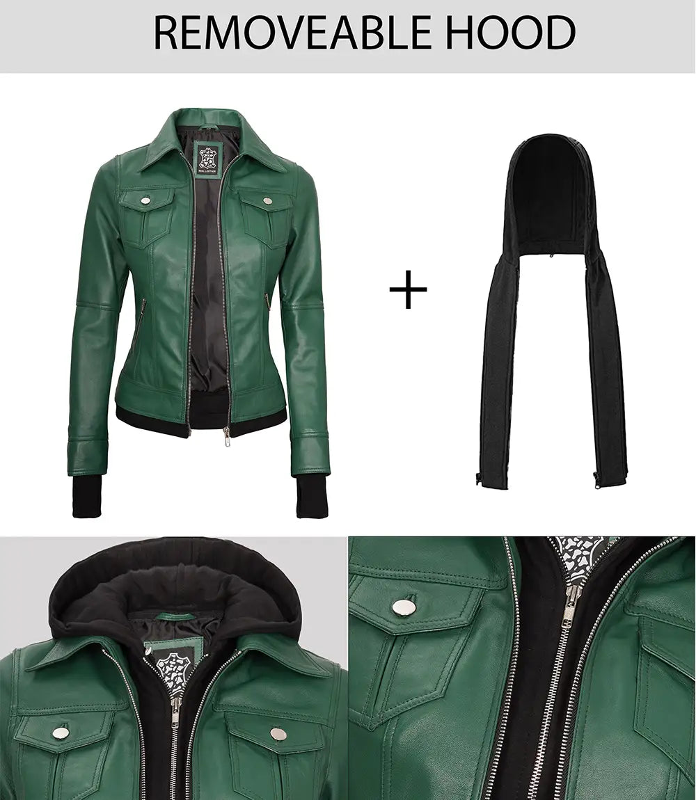 Womens Biker Green Leather Jacket with Hood - Image 7