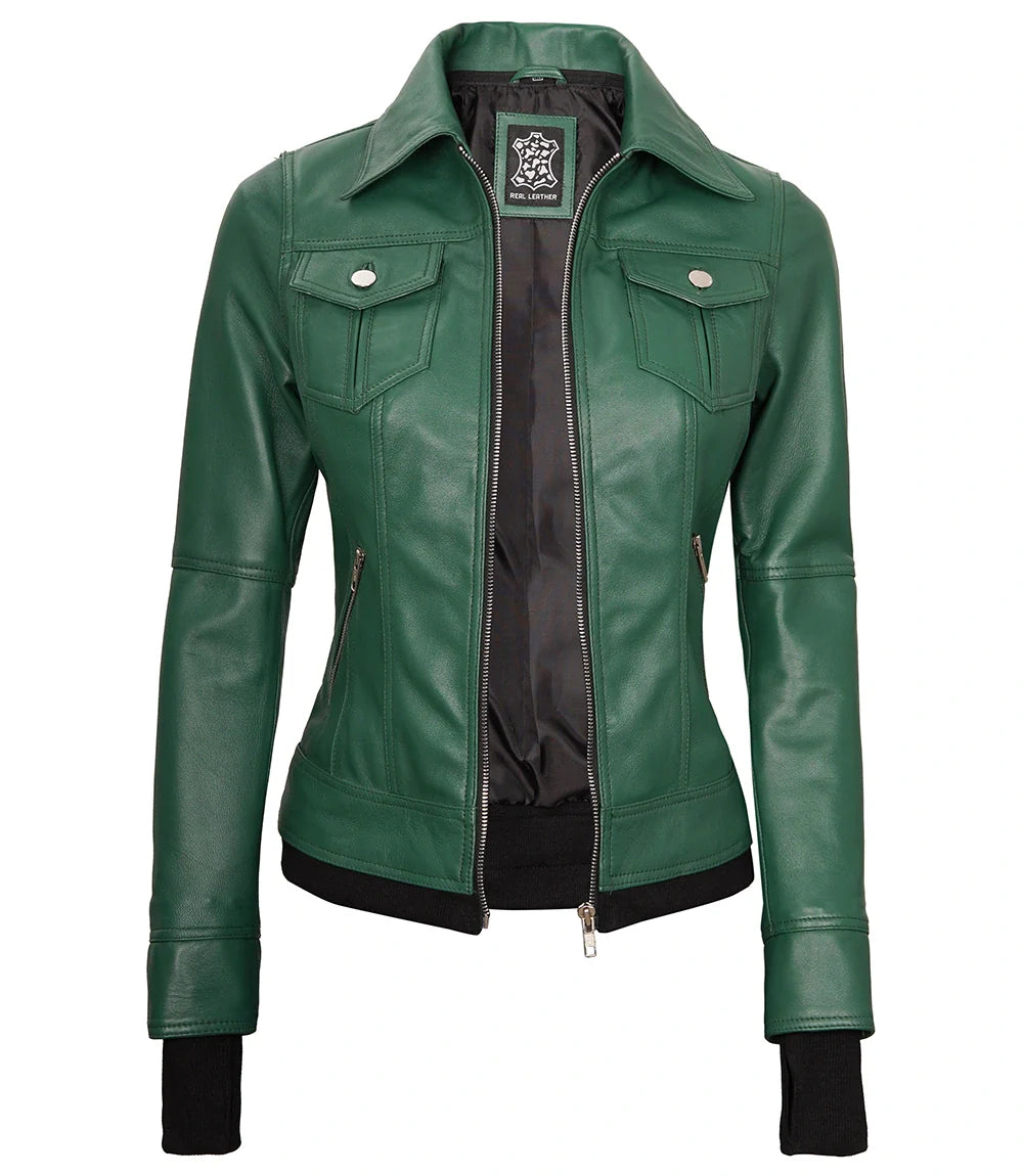 Womens Biker Green Leather Jacket with Hood - Image 3