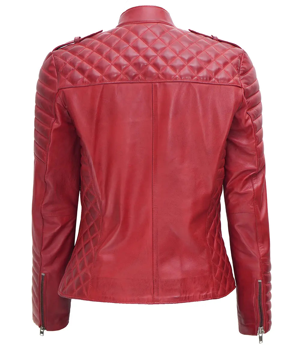 Jennie Womens Asymmetrical Maroon Biker Leather Jacket - Image 2