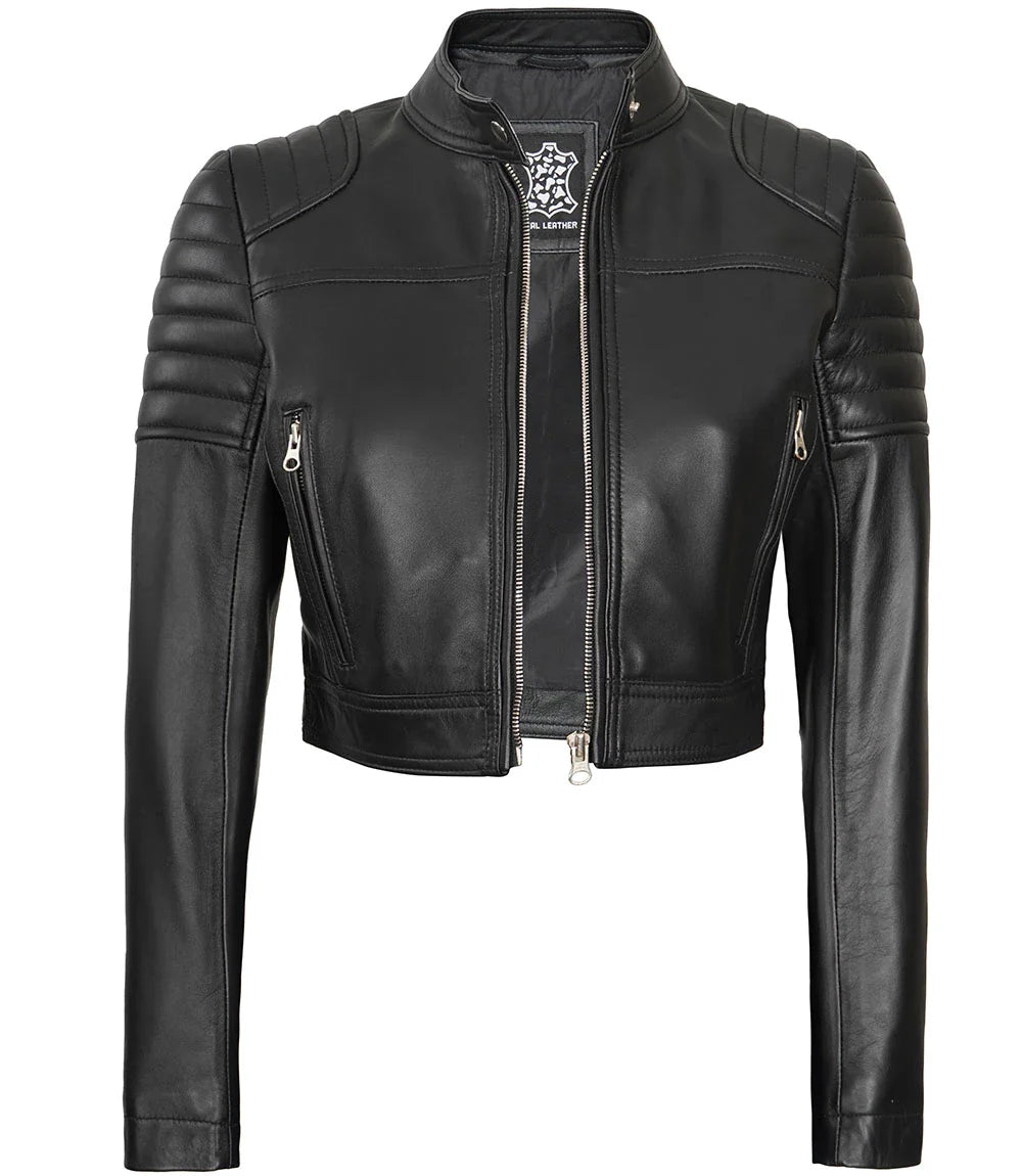 Women's Black Cropped Leather Moto Jacket