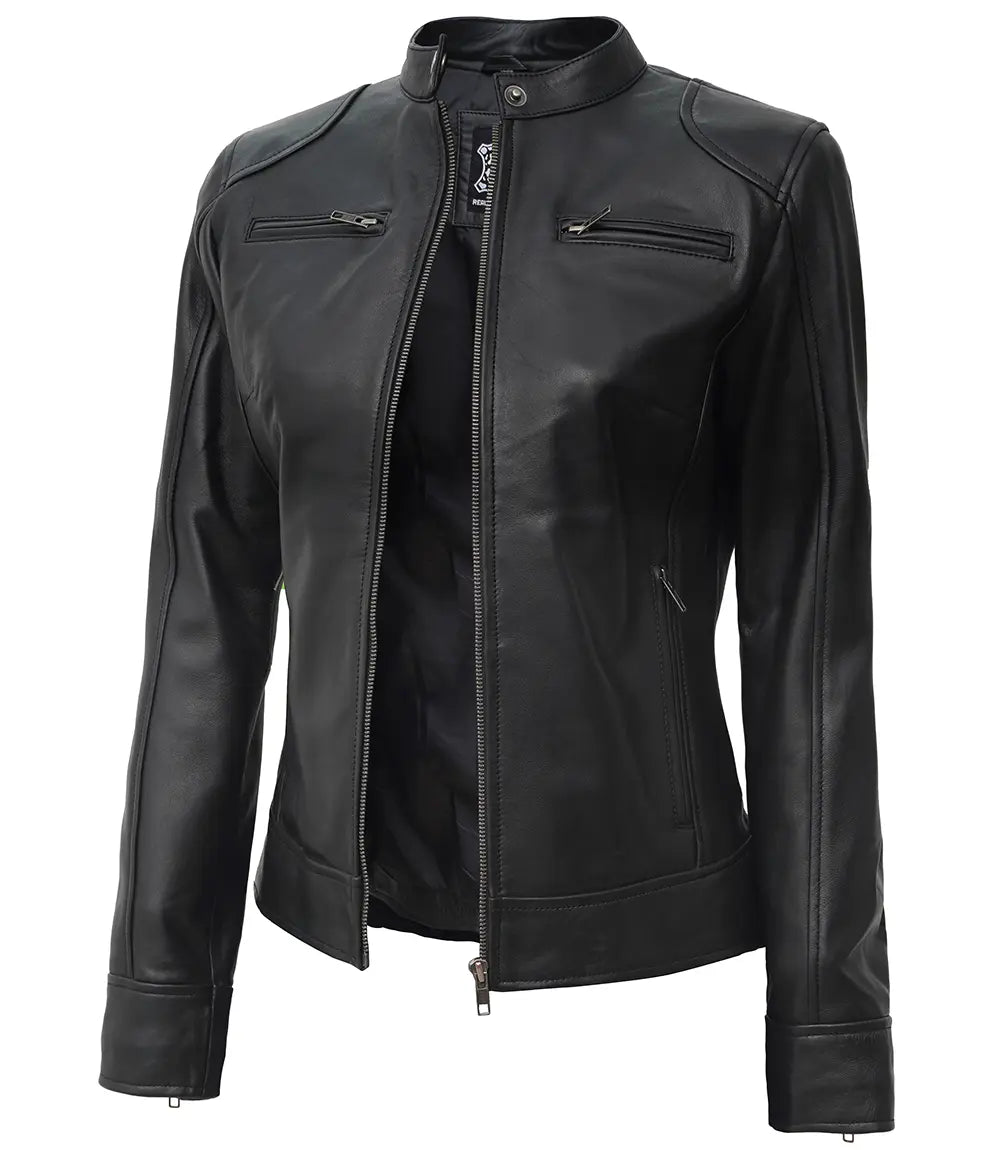 Dodge Women's Petite Black Lambskin Leather Motorcycle Jacket