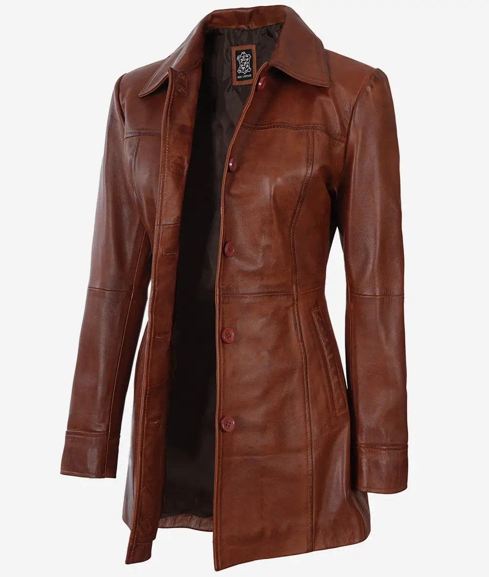 Womens Cognac Brown Leather 3/4 Length Coat