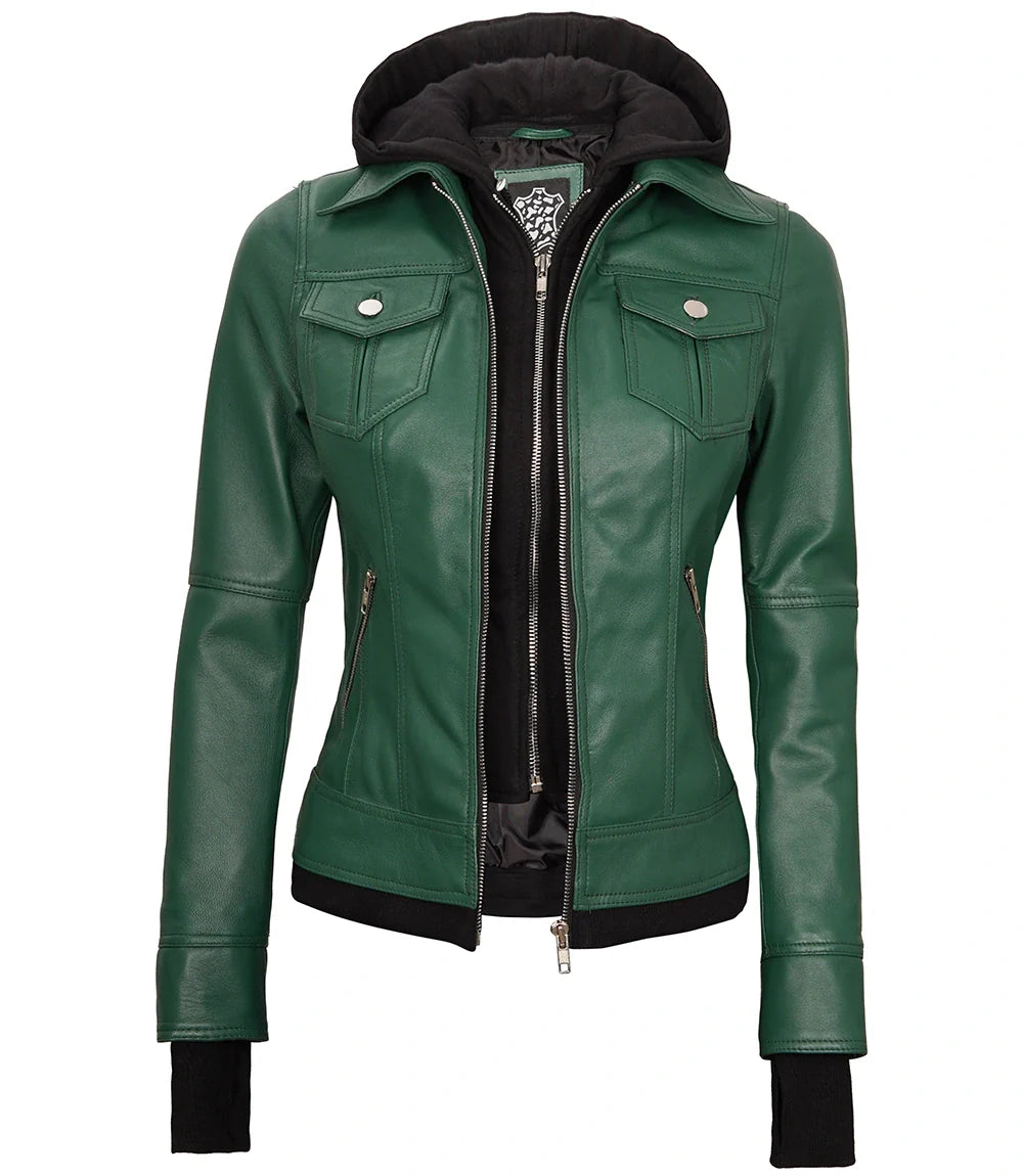 Womens Biker Green Leather Jacket with Hood - Image 5