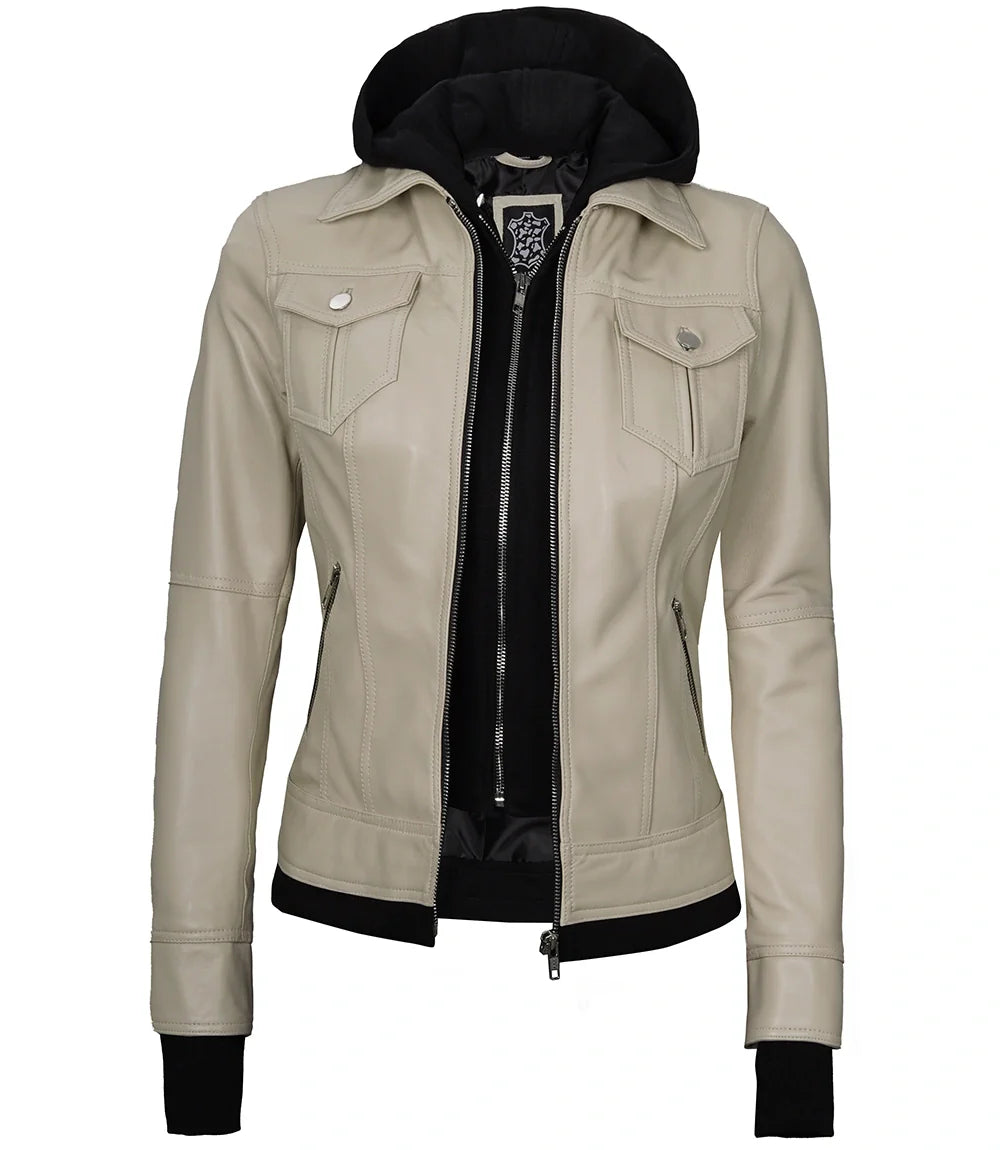 Women's Beige Motorcycle Leather Jacket with Hood - Image 6