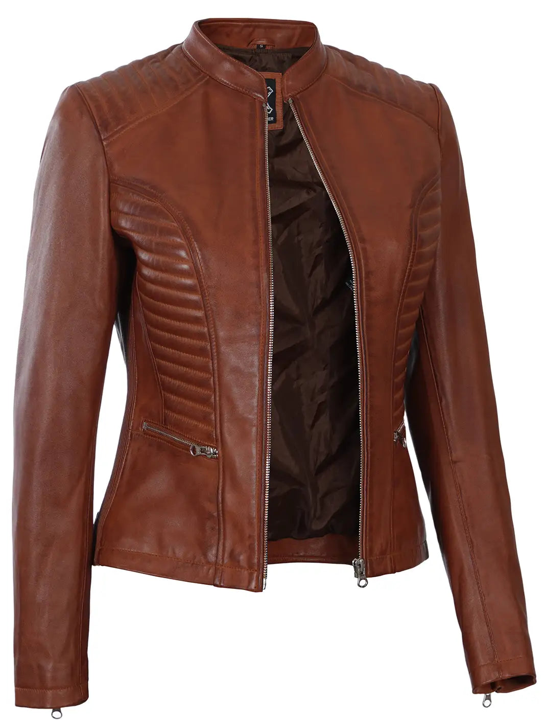 Rachel Women's Cognac Wax Biker Leather Jacket - Image 4
