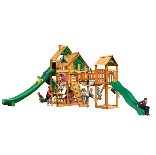 Gorilla Playsets Treasure Trove II Treehouse Wooden Swing Set with 3 Slides
