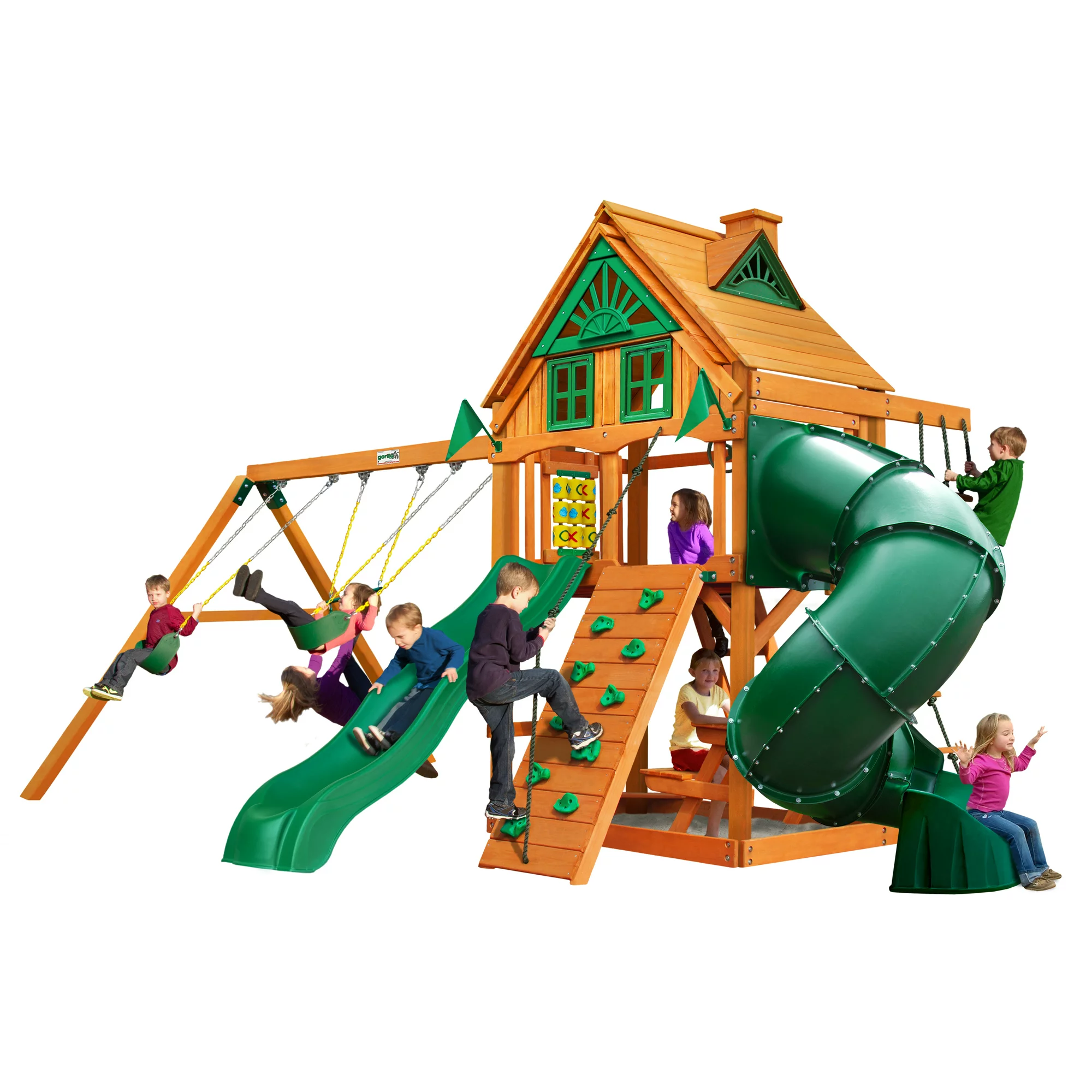 Gorilla Playsets Mountaineer Treehouse Wooden Swing Set with Tube Slide