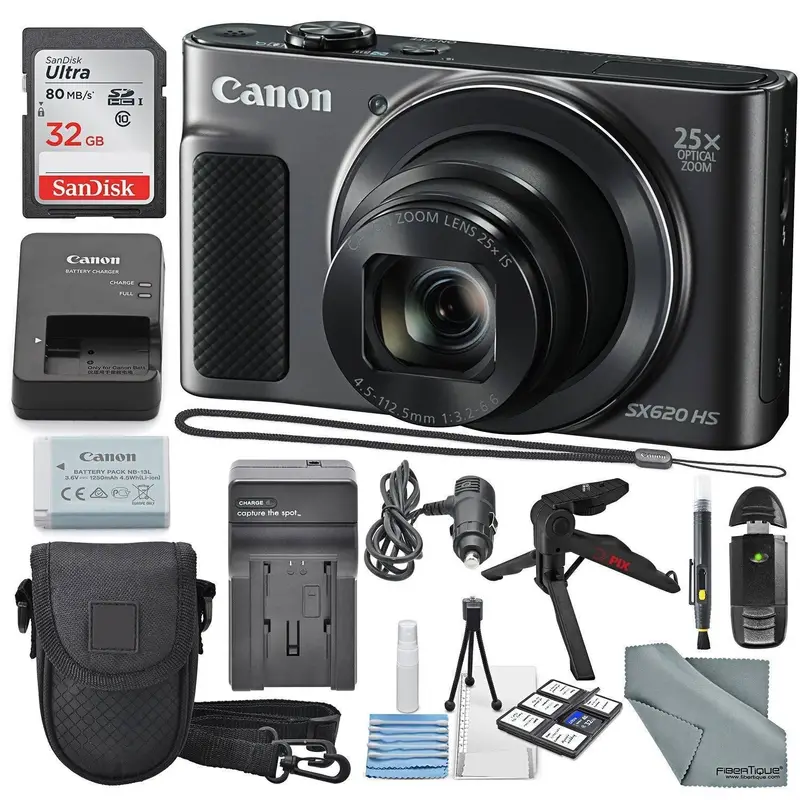 Canon PowerShot SX620 HS Digital Camera Along with 32GB, Deluxe Accessory Bundle and Cleaning Kit, Black