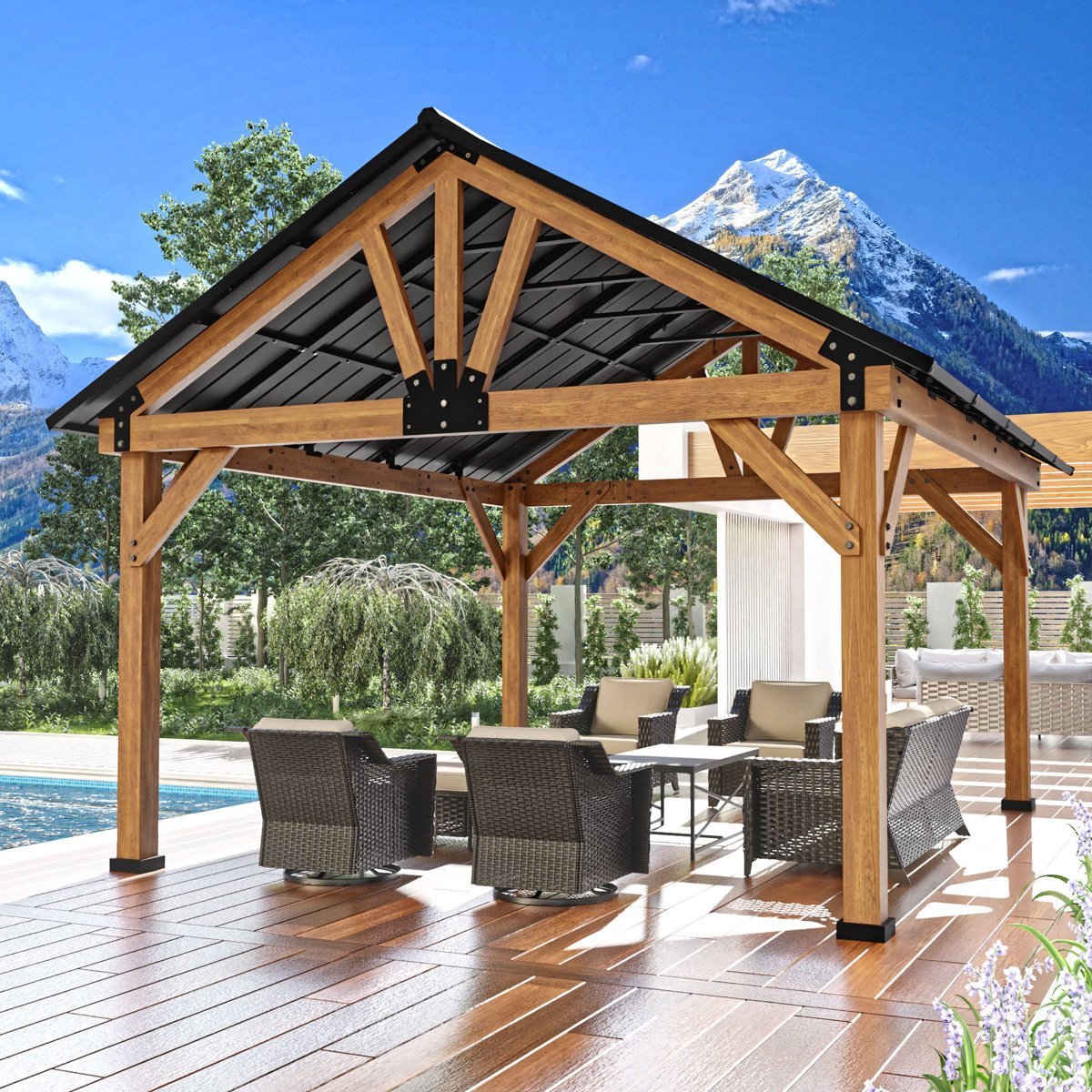 JOYSIDE 15 ft. x 13 ft. Solid Cedar Wood Outdoor Patio Hardtop Gazebo