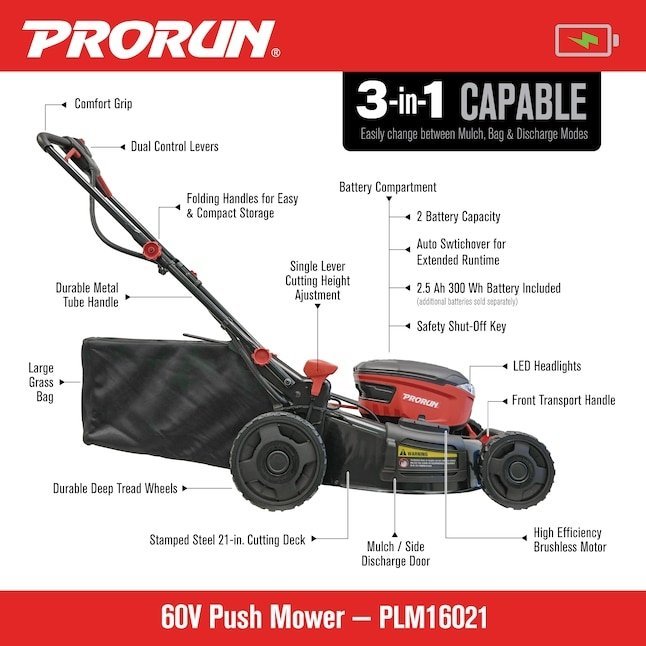 PRORUN 60V 21-In. Steel Deck Cordless Push Lawn Mower with 2.5 Ah Battery and Charger - Image 3