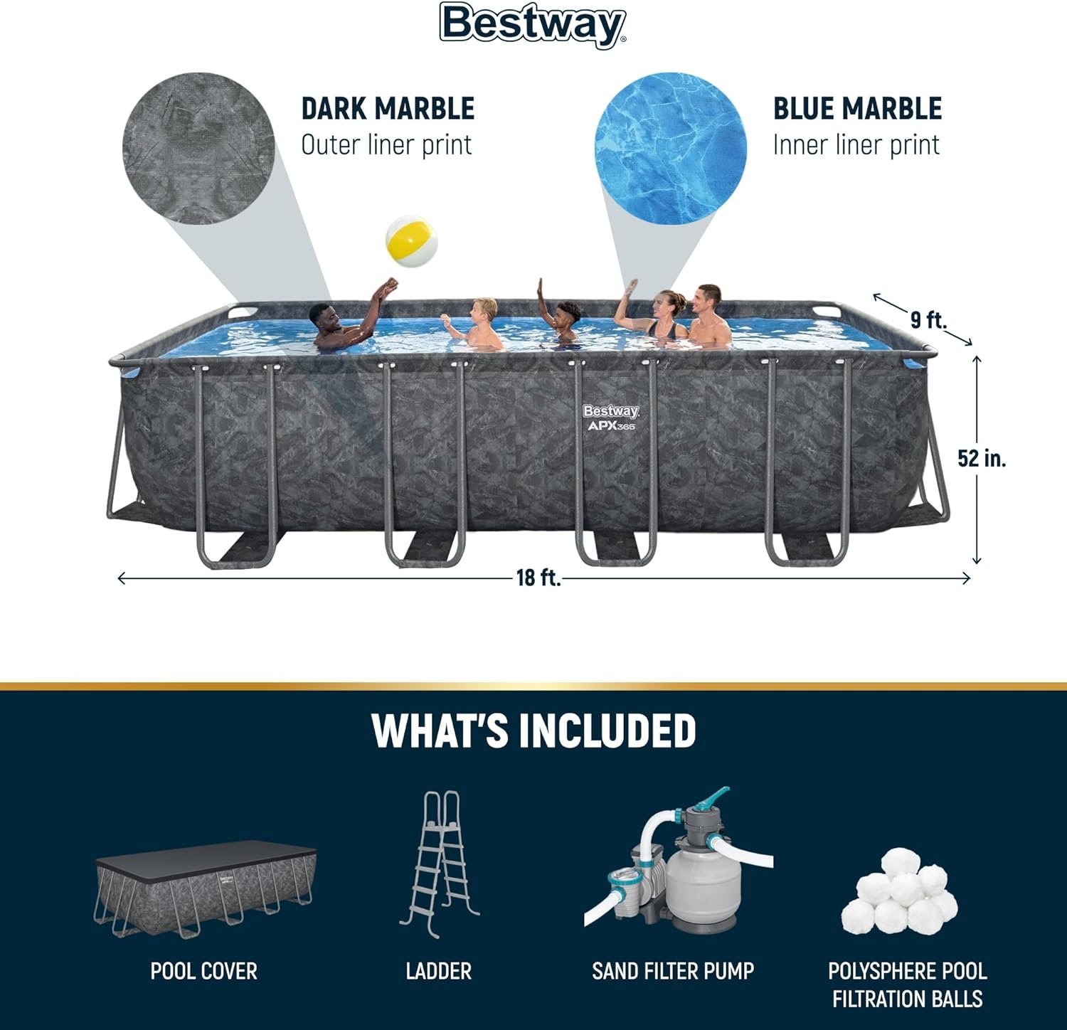 Bestway APX 365 18′ x 9′ x 52″ Rectangular Above Ground Swimming Pool - Image 5