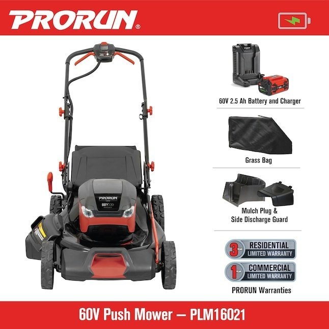 PRORUN 60V 21-In. Steel Deck Cordless Push Lawn Mower with 2.5 Ah Battery and Charger - Image 4