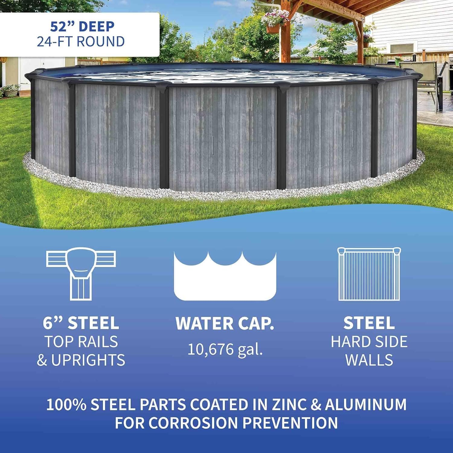 Blue Wave San Pedro 24-ft Round 52-in Deep 6-in Top Rail Above Ground Steel Wall Swimming Pool - Image 6