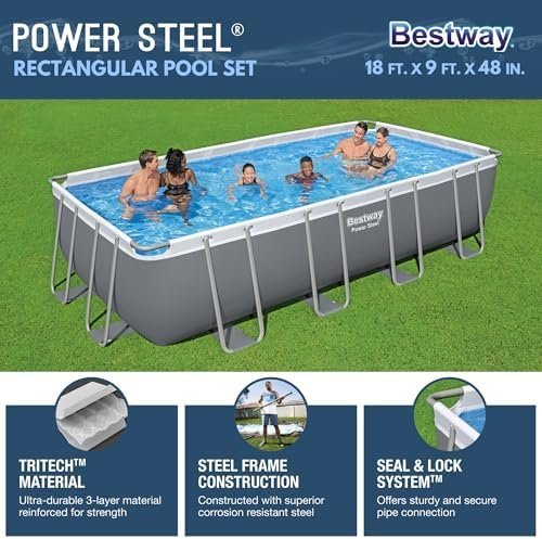 Bestway Power Steel 18′ x 9′ x 48″ Rectangular Metal Frame Above Ground Outdoor Swimming Pool Set with 1,500 GPH Filter Pump, Ladder, and Pool Cover - Image 2