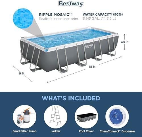 Bestway Power Steel 18′ x 9′ x 48″ Rectangular Metal Frame Above Ground Outdoor Swimming Pool Set with 1,500 GPH Filter Pump, Ladder, and Pool Cover - Image 9