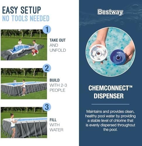 Bestway Power Steel 18′ x 9′ x 48″ Rectangular Metal Frame Above Ground Outdoor Swimming Pool Set with 1,500 GPH Filter Pump, Ladder, and Pool Cover - Image 3