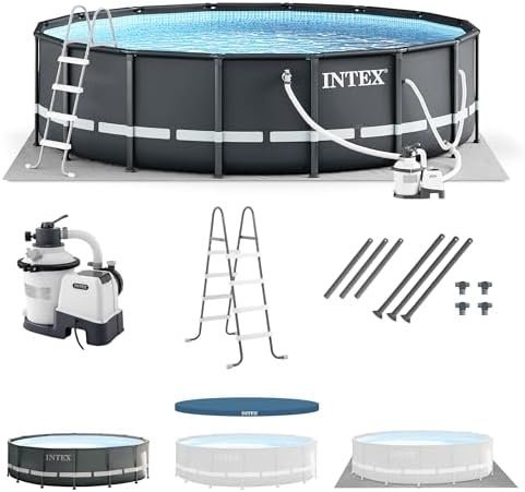 Intex Ultra XTR Frame 14′ x 42″ Round Above Ground Outdoor Swimming Pool Set with Sand Filter Pump, Ladder, Ground Cloth, and Pool Cover
