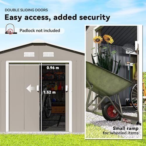 Outsunny 11′ x 13′ Outdoor Storage Shed, Garden Tool Metal Shed with Foundation Kit, Double Lockable Door, Air Vents and Sloping Roof, for Backyard, Patio, Lawn, Light Gray - Image 2