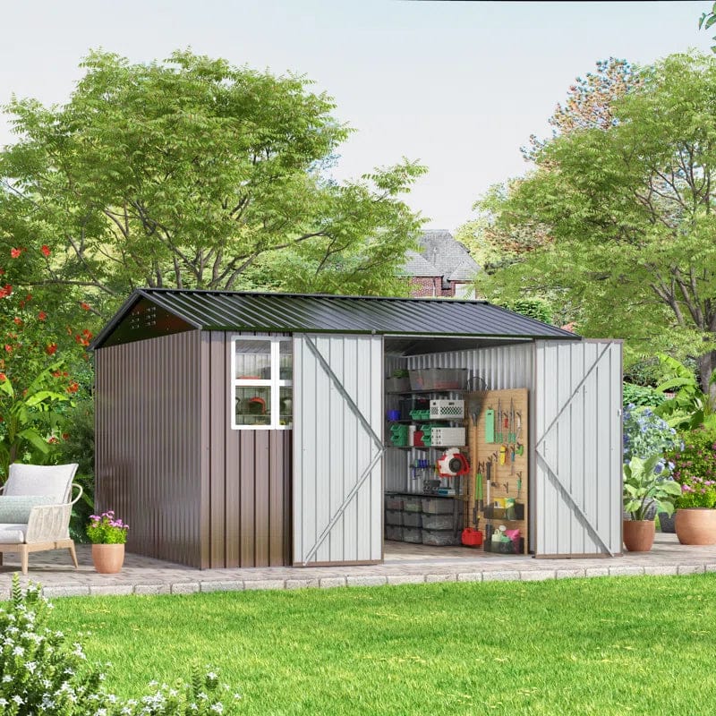 10 Ft. W X 10 Ft. D Brown Metal Storage Shed With Sloping Roof And Double Lockable Door (100 Sq. Ft.) - Image 5