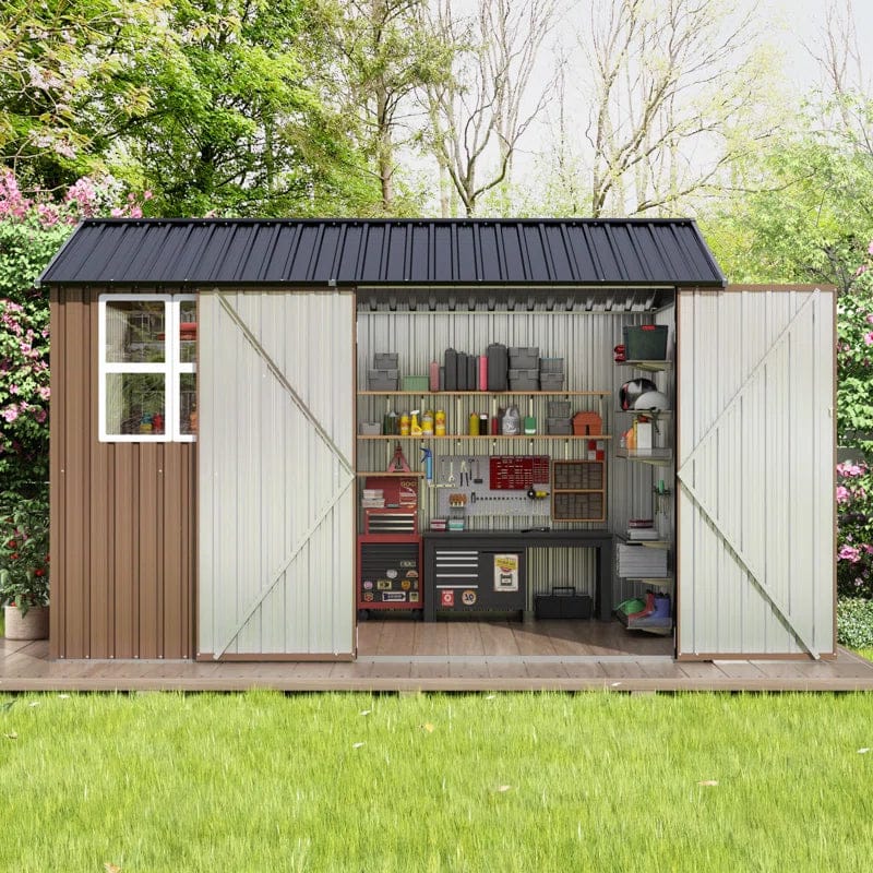 10 Ft. W X 10 Ft. D Brown Metal Storage Shed With Sloping Roof And Double Lockable Door (100 Sq. Ft.) - Image 2
