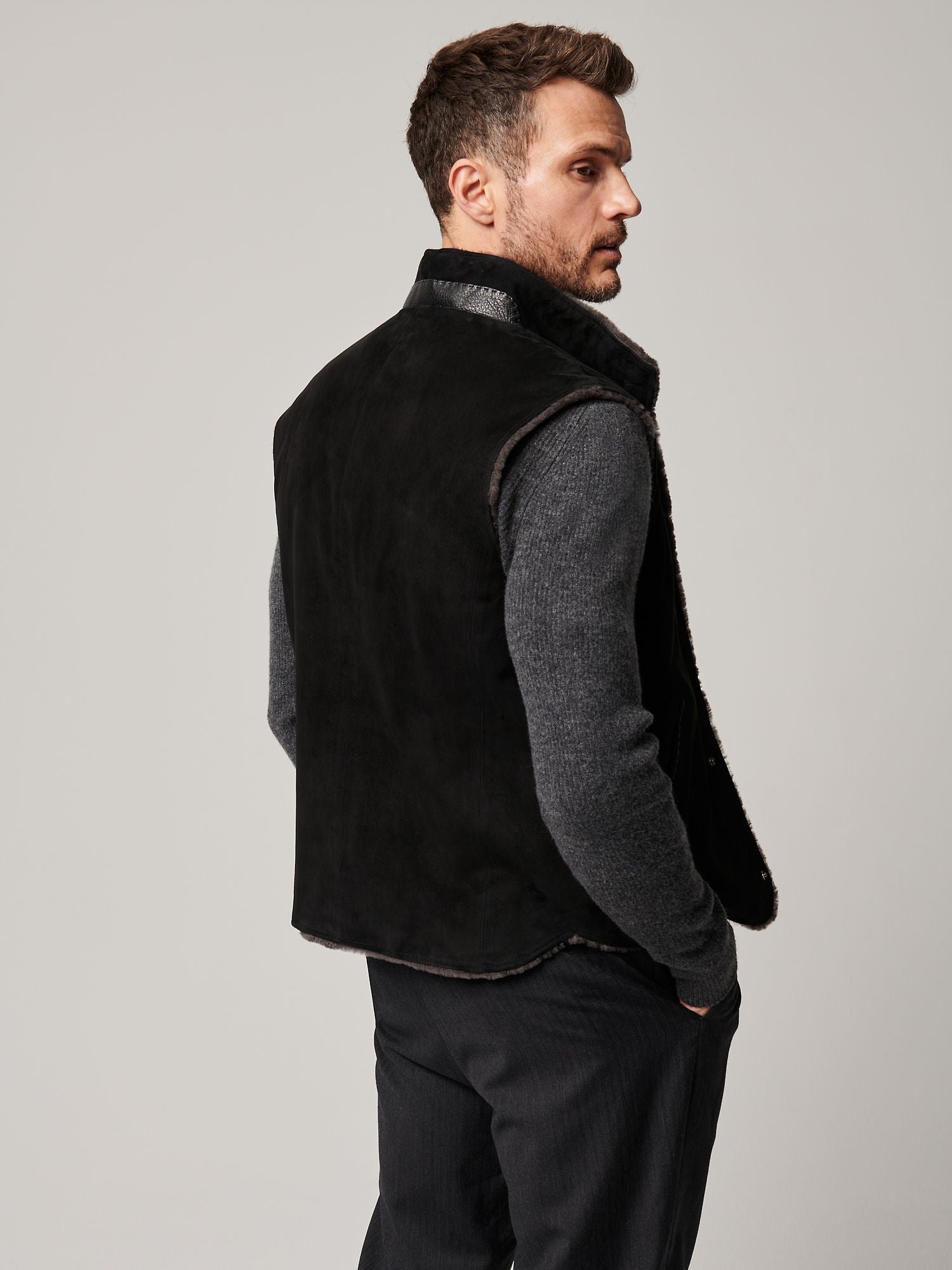 August Suede Leather Vest with Shearling Lining - Image 2