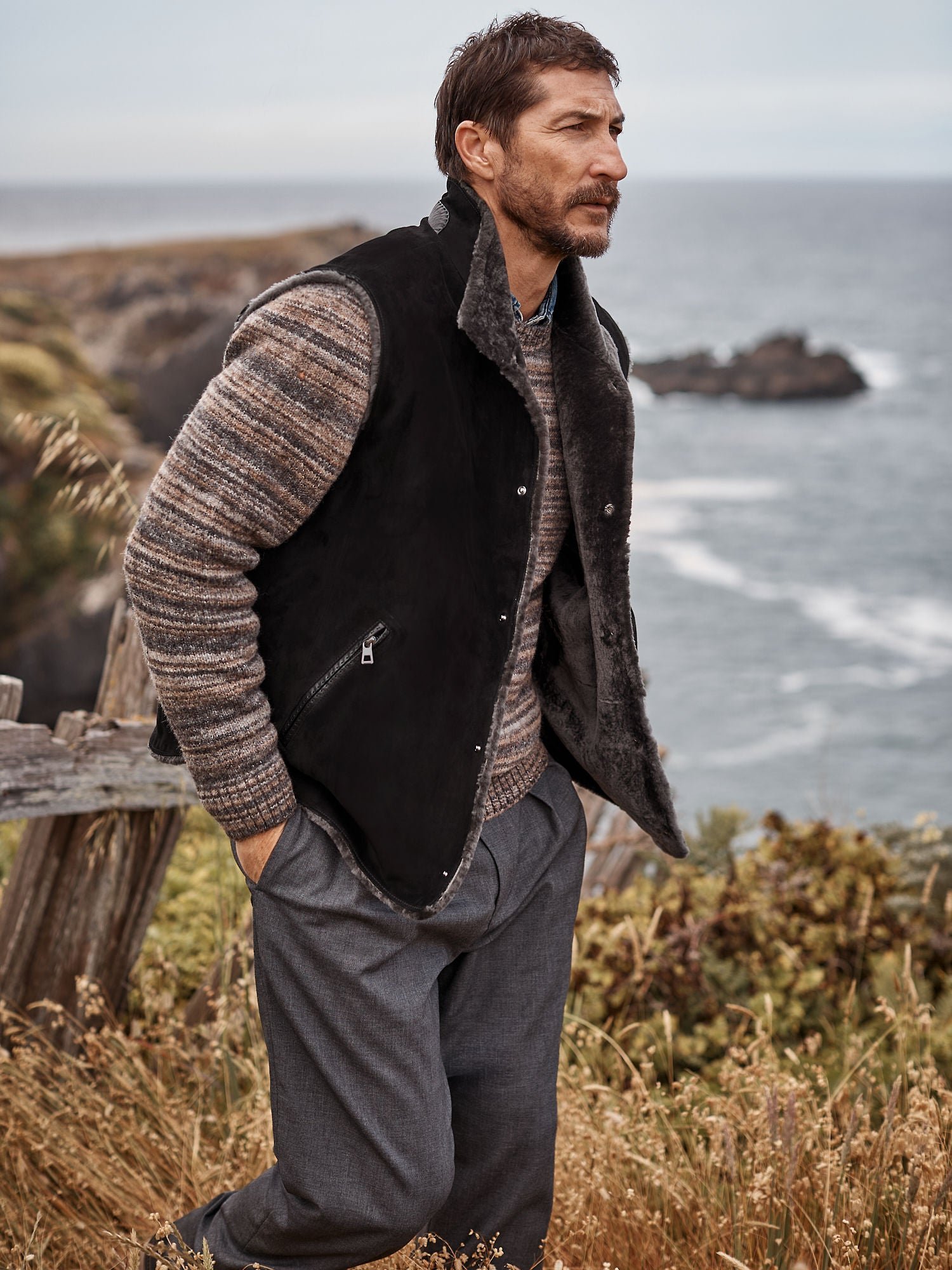 August Suede Leather Vest with Shearling Lining - Image 4