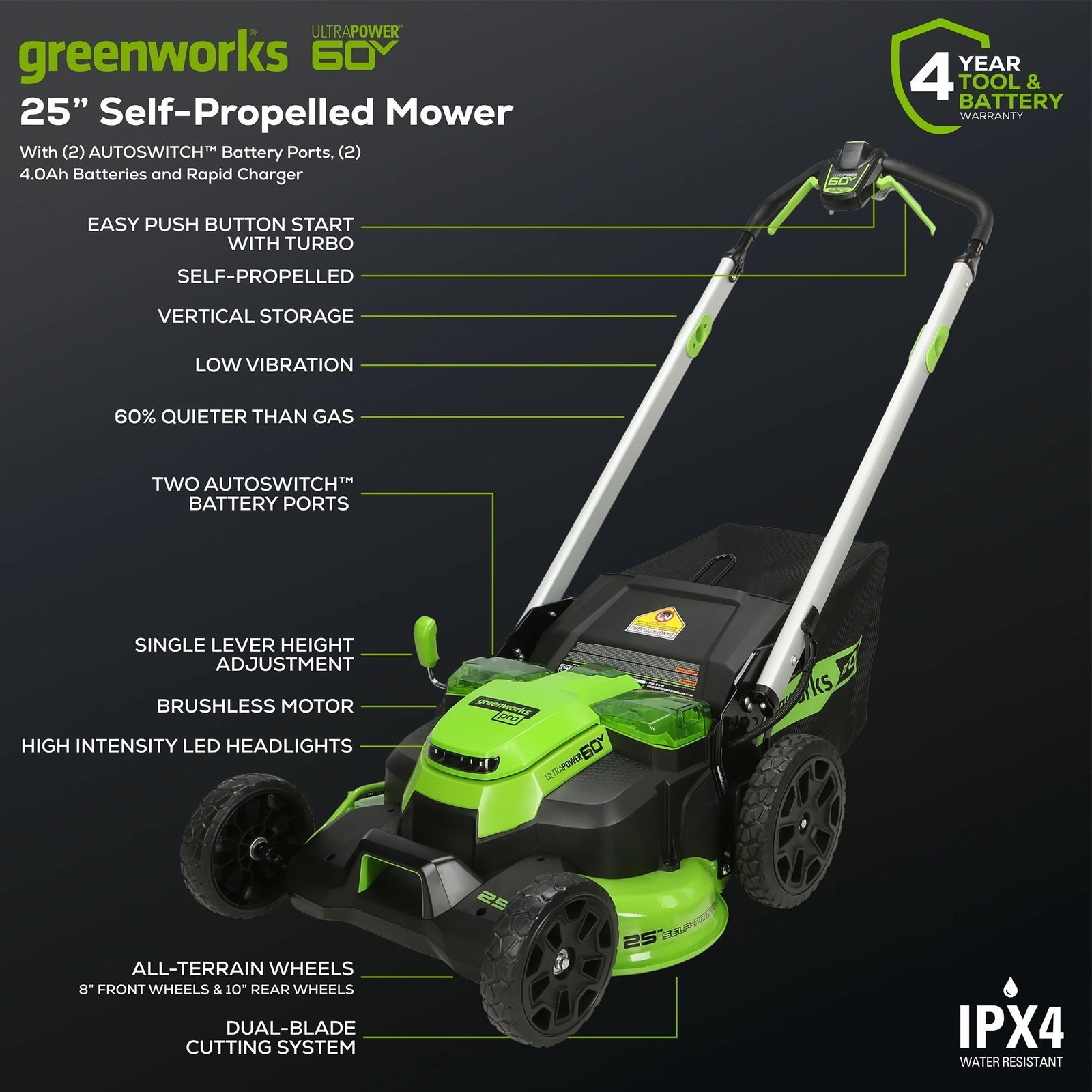 Greenworks 60V 25″ Cordless Brushless Self-Propelled Mower + Two (2) 4.0Ah Batteries & Dual Port Charger - Image 2