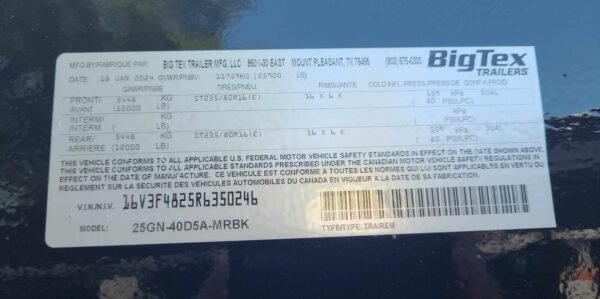 Big Tex 25GN 40′ Heavy-Duty Gooseneck Trailer – Tandem Dual Axle, Black Steel Deck - Image 4