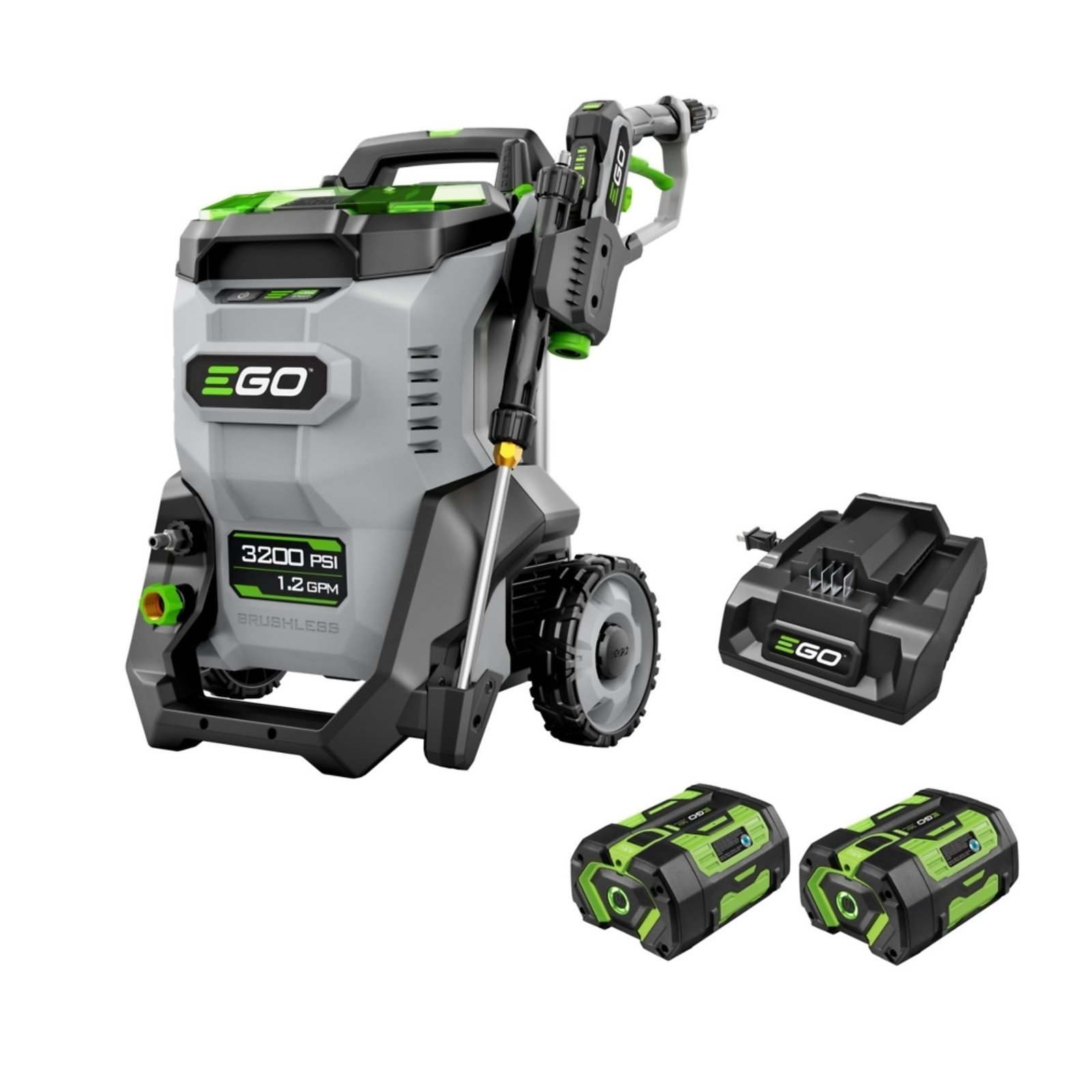 EGO, Pressure Washer Kit w/ Batteries Chargers, Pressure 3200 PSI, Flow 2 GPM, Volts 56 Model# HPW3204-2