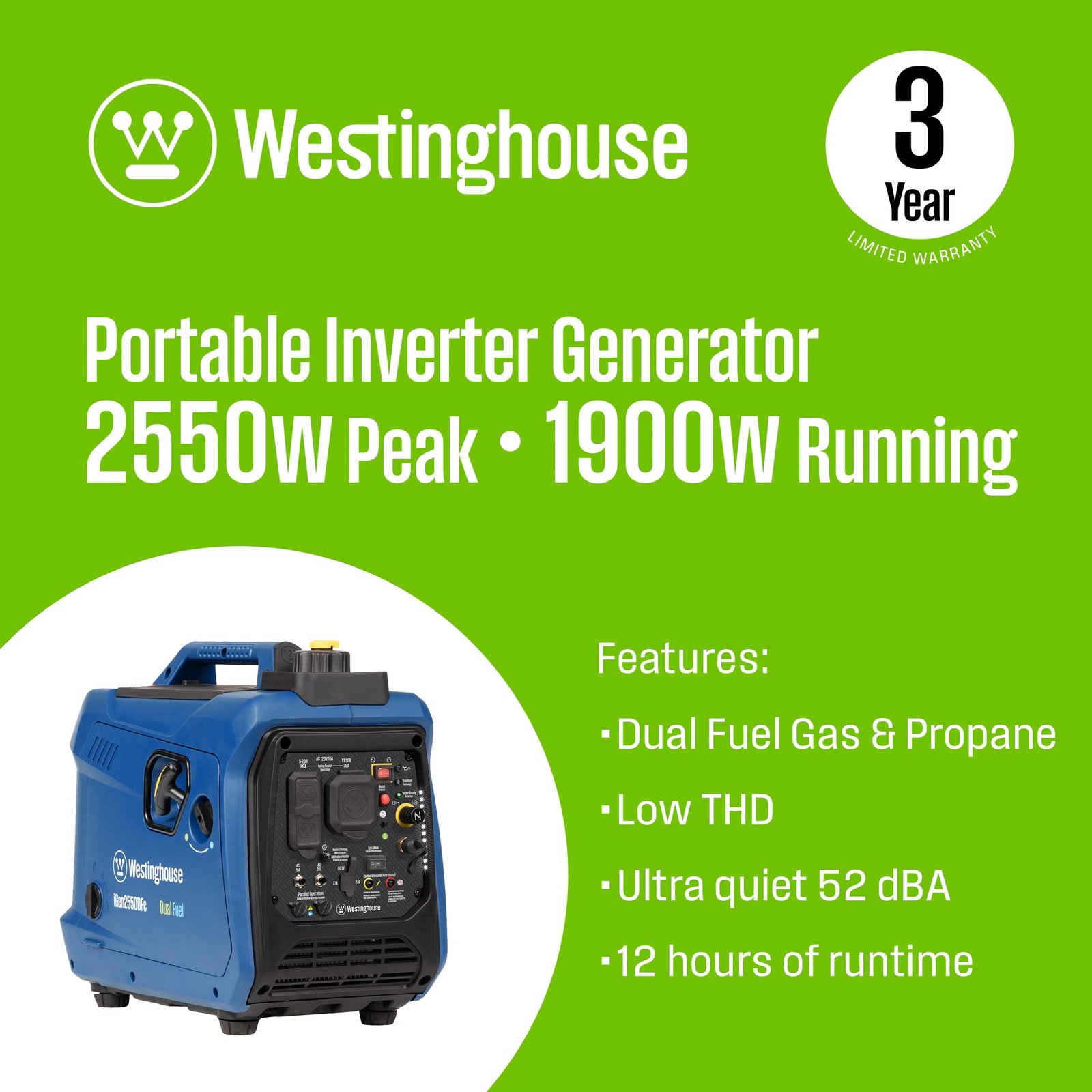 Westinghouse iGen2550DFc Recoil Start 2550-Watt Dual Fuel (Gasoline/Propane) Inverter Generator IGEN2550DFC - Image 2