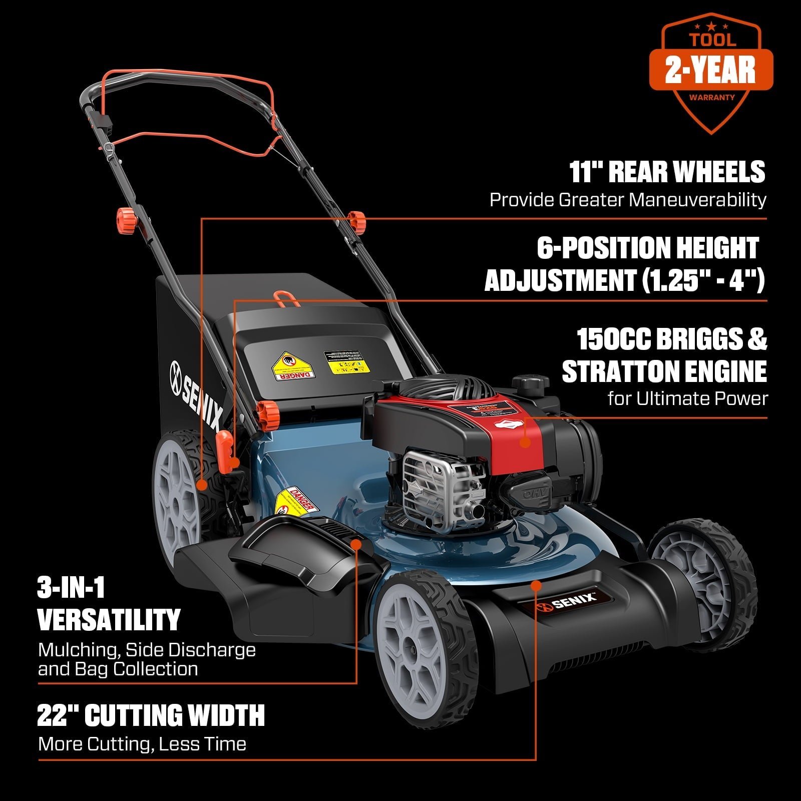 SENIX Self-Propelled Gas Lawn Mower, 22in Cutting Blade / 23in Cutting Deck, 150 cc 4-Cycle Made in Briggs & Stratton Engine , 3-In-1, 6-Position Adjustment, 11in Rear Wheels, LSSG-H3 - Image 12