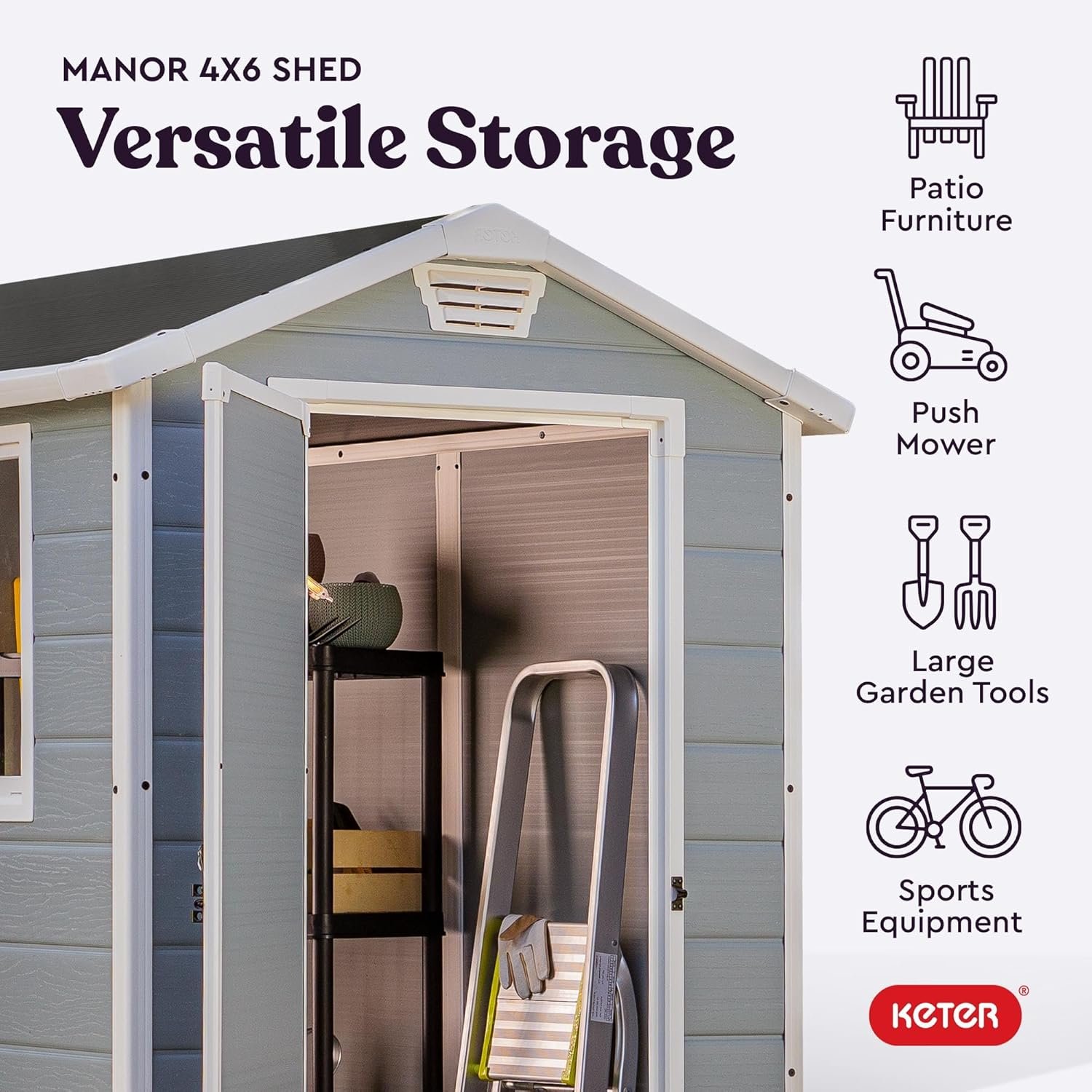 Keter Manor 4×6 Resin Outdoor Storage Shed Kit-Perfect to Store Patio Furniture, Garden Tools Bike Accessories, Beach Chairs and Lawn Mower, Grey & White - Image 4