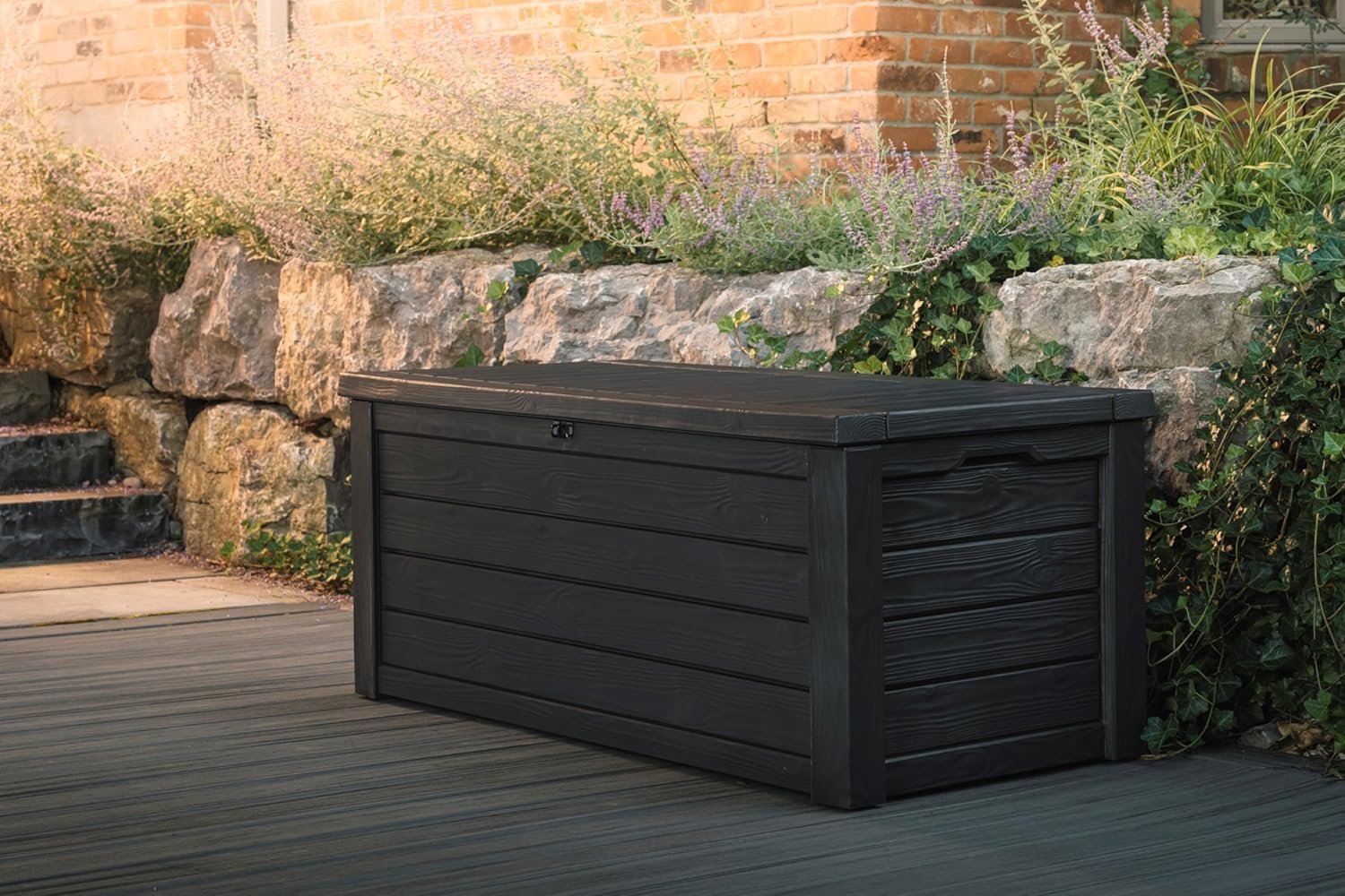 Keter Westwood 150-Gallon Resin Outdoor Storage Box | Weather-Resistant Deck Bin for Patio Cushions, Garden Tools & Pool Accessories – Dark Grey - Image 6