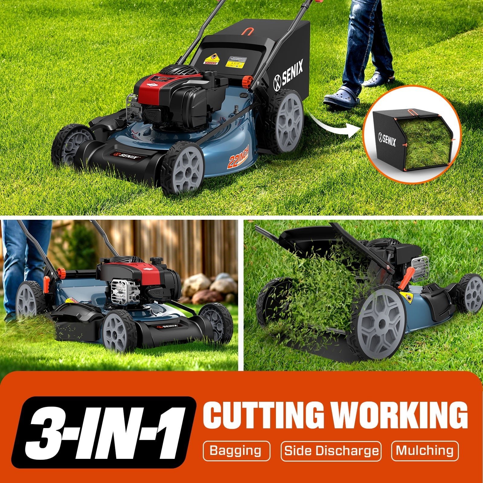 SENIX Self-Propelled Gas Lawn Mower, 22in Cutting Blade / 23in Cutting Deck, 150 cc 4-Cycle Made in Briggs & Stratton Engine , 3-In-1, 6-Position Adjustment, 11in Rear Wheels, LSSG-H3 - Image 5