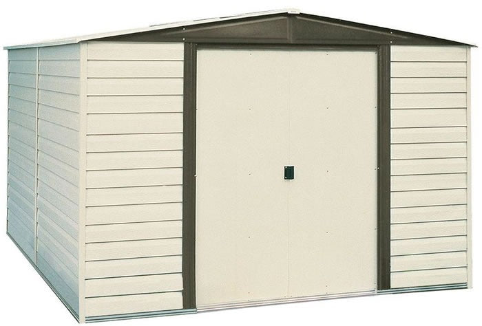 Arrow 10×12 Vinyl Dallas Shed w/ Foundation & Shelving