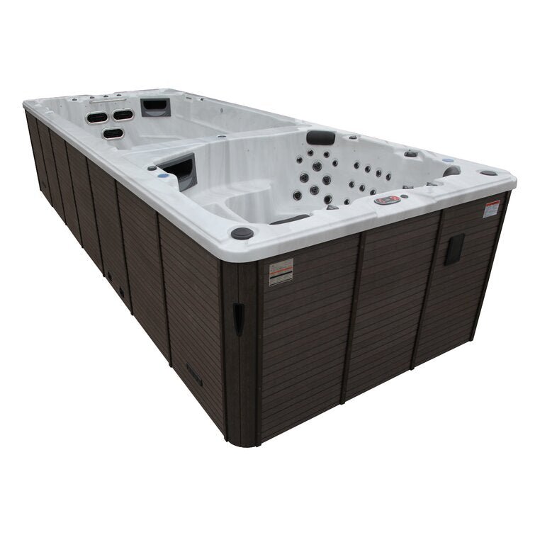 Canadian Spa Co 17 – Person 73 – Jet Acrylic Rectangular Hot Tub with Ozonator and Built-In Speaker in Sterling Silver, Walnut