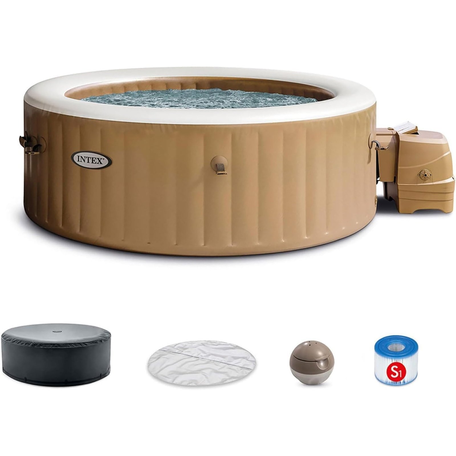 Intex: PureSpa: Sahara Tan Inflatable Hot Tub Set – 6 Person – 85″ Round Outdoor Heated Bubble Spa, Jet Massage, Cover, Hard Water Treatment System