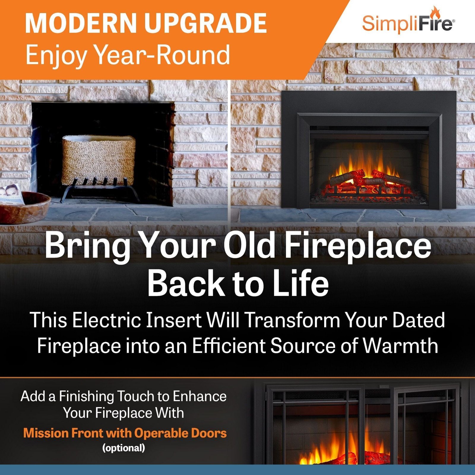 SimpliFire 30-In Electric Fireplace Insert with LED Flame and Multi-Color Ember Bed - Image 3