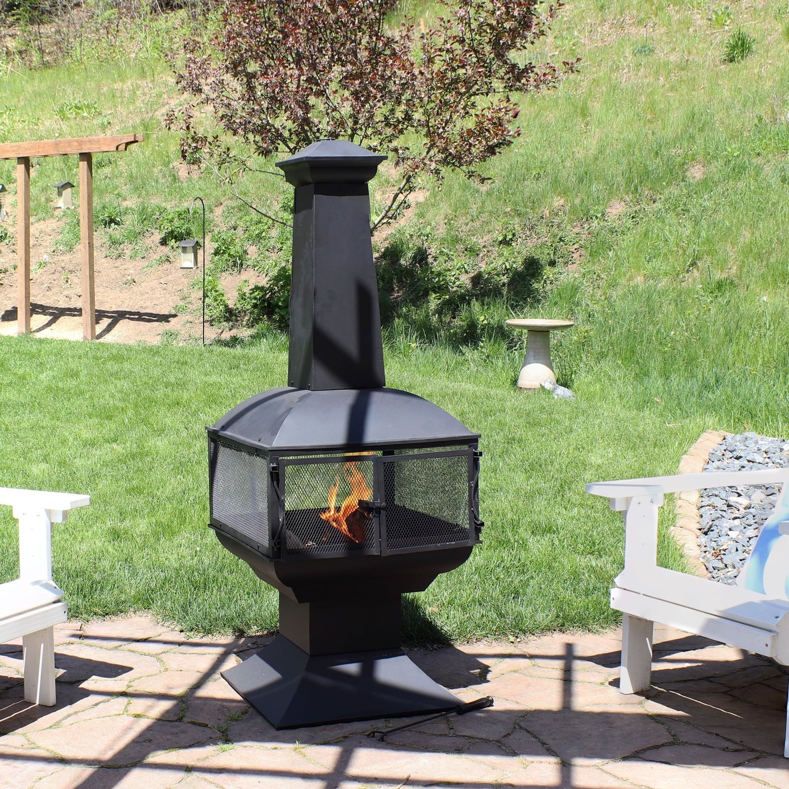Sunnydaze 57″ 360-Degree View Steel Wood-Burning Chiminea with Grate, Poker, and Cover